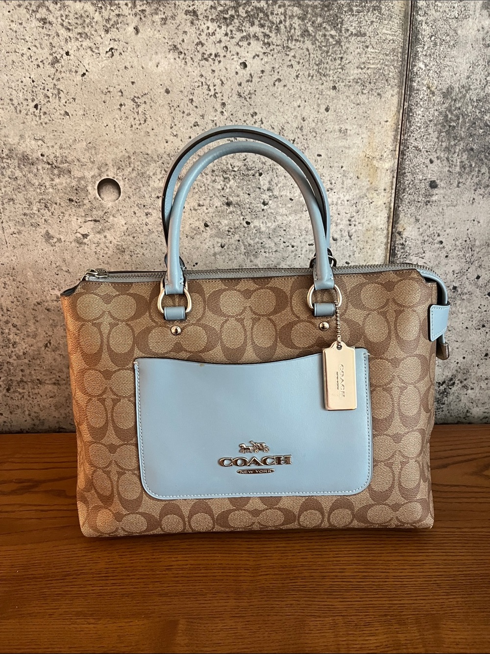 Coach Signature Canvas Satchel with Light Blue Leather Accents